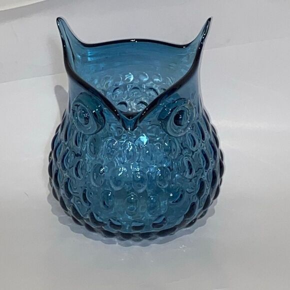 Blue Murano Hand Blown Thumbprint Art Glass Great Horned Glass Owl Vase Figurine - Picture 1 of 12